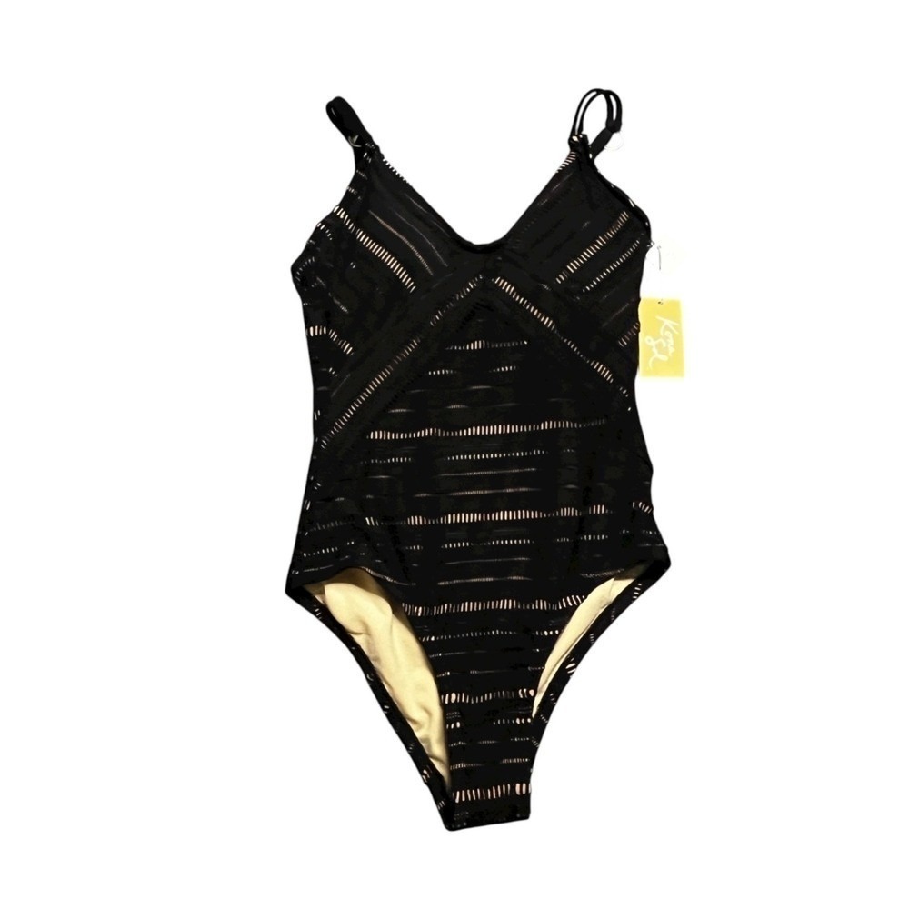 KONA SOL Swimsuit Black Lace Crochet Nude Illusion One Piece Bathing Suit Small